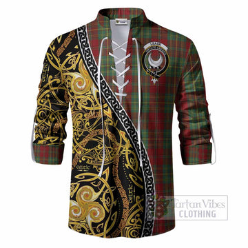 Leask Tartan Crest Ghillie Shirt Celtic Knot and Triple Trickle Spiral Symbols