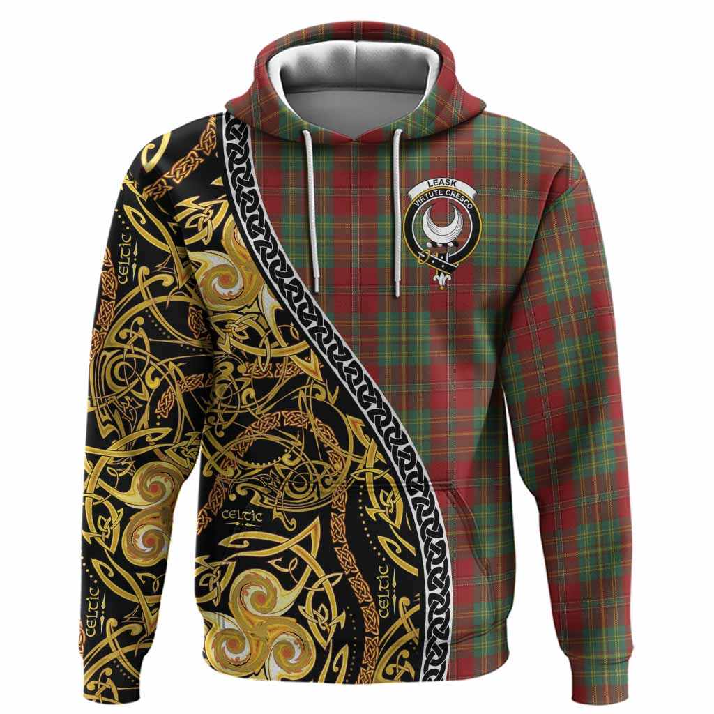 Leask Tartan Crest Hoodie Celtic Knot and Triple Trickle Spiral Symbols