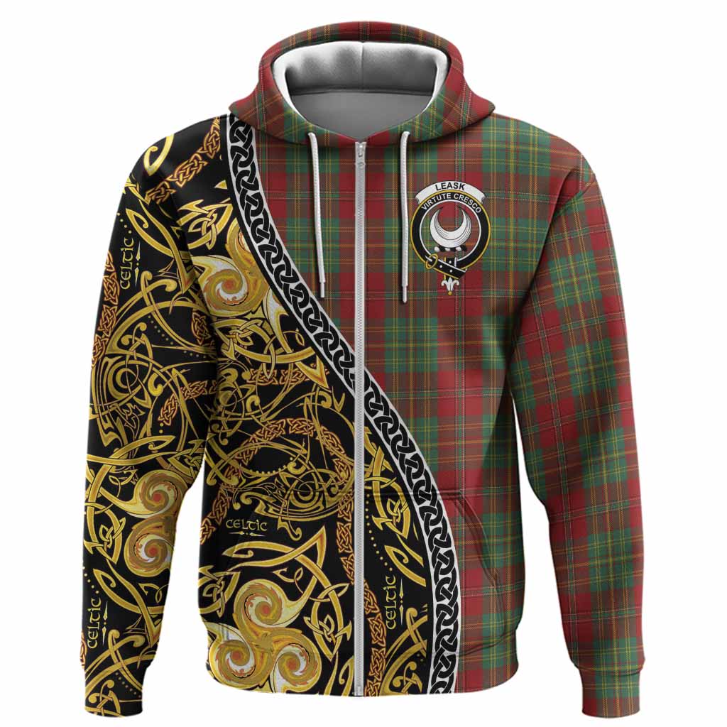 Leask Tartan Crest Hoodie Celtic Knot and Triple Trickle Spiral Symbols
