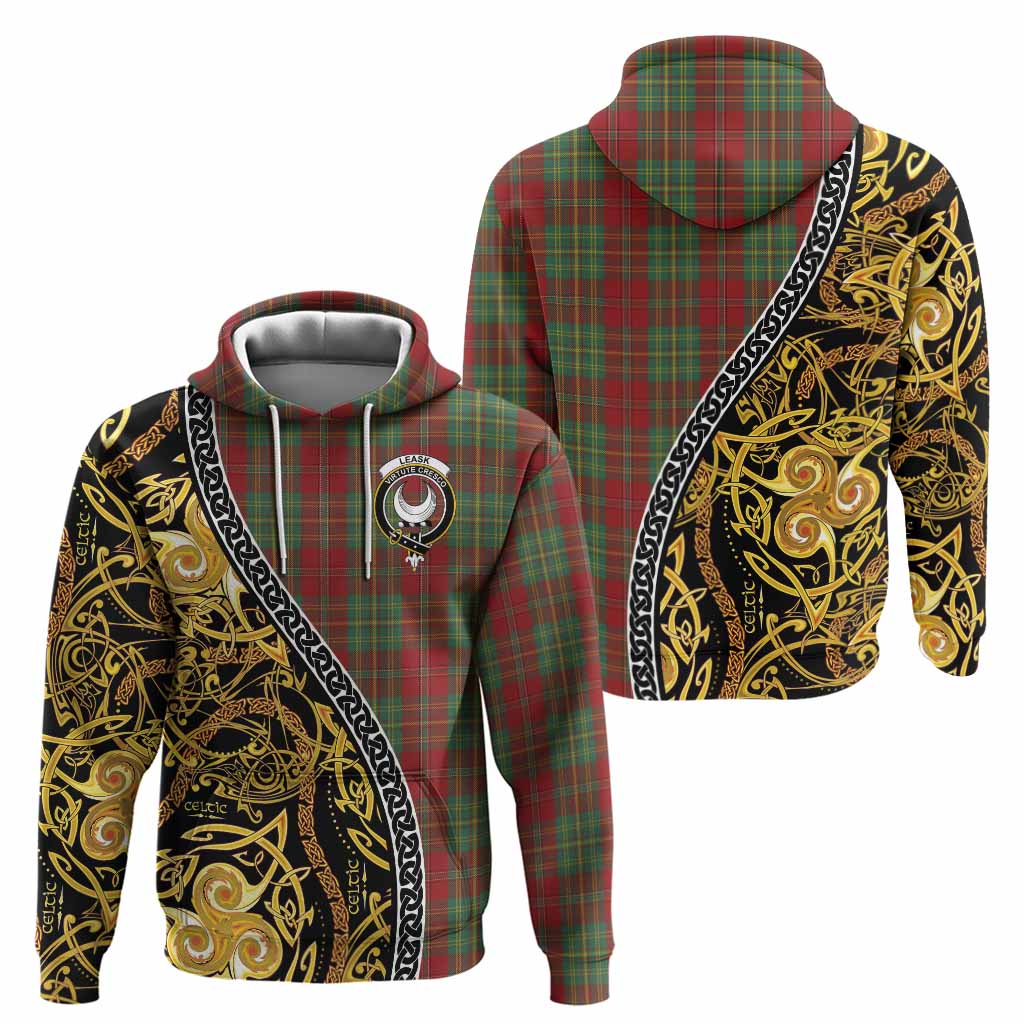 Leask Tartan Crest Hoodie Celtic Knot and Triple Trickle Spiral Symbols