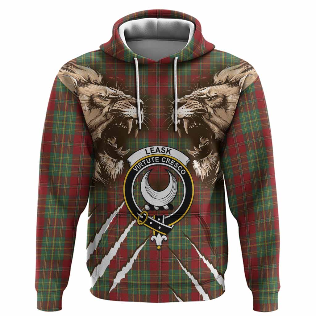Leask Tartan Crest Hoodie Ferocious Lion Style