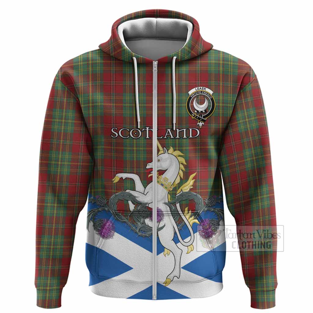 Leask Tartan Crest Hoodie Scottish Unicorn With Thistle