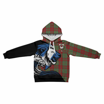 Leask Tartan Crest Kid Hoodie Scottish Golden Lions Wave Flow