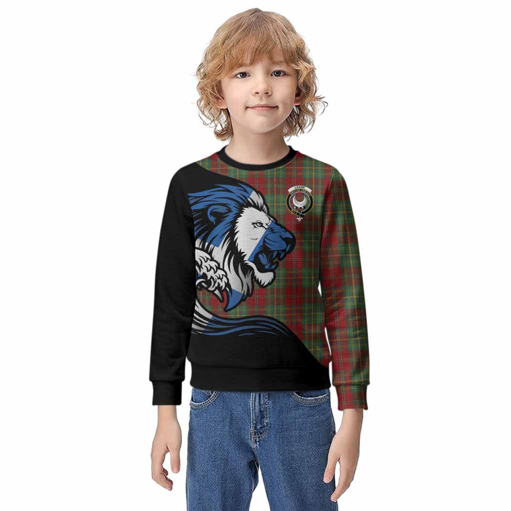 Leask Tartan Crest Kid Knitted Sweatshirt Scottish Golden Lions Wave Flow