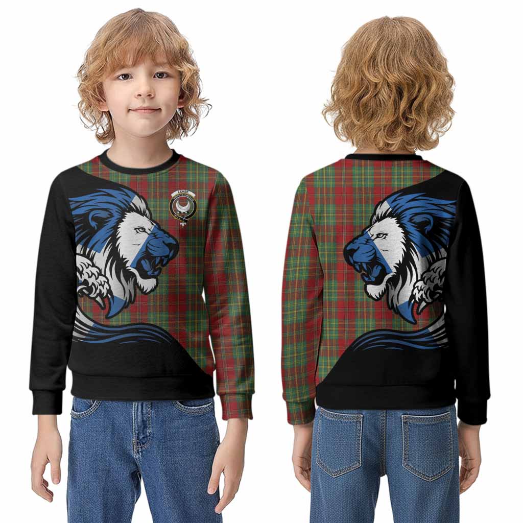 Leask Tartan Crest Kid Knitted Sweatshirt Scottish Golden Lions Wave Flow