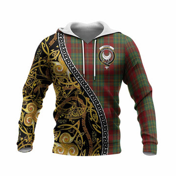 Leask Tartan Crest Knitted Hoodie Celtic Knot and Triple Trickle Spiral Symbols