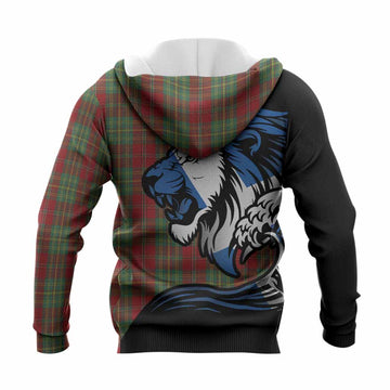 Leask Tartan Crest Knitted Hoodie Scottish Golden Lions Wave Flow