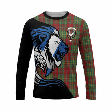 Leask Tartan Crest Long Sleeve T-Shirt Scottish Golden Lions Wave Flow