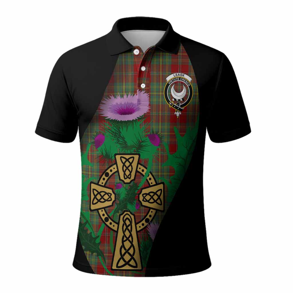 Leask Tartan Crest Polo Shirt Celtic Cross Thistle Flowers