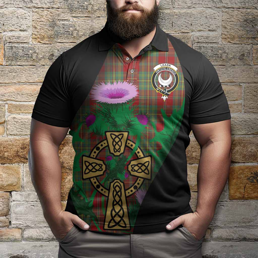 Leask Tartan Crest Polo Shirt Celtic Cross Thistle Flowers