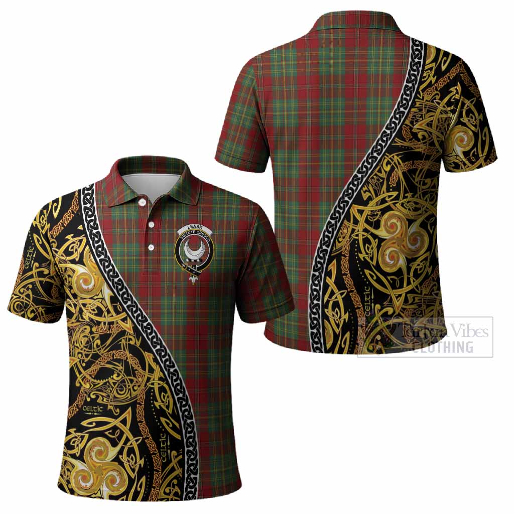 Leask Tartan Crest Polo Shirt Celtic Knot and Triple Trickle Spiral Symbols