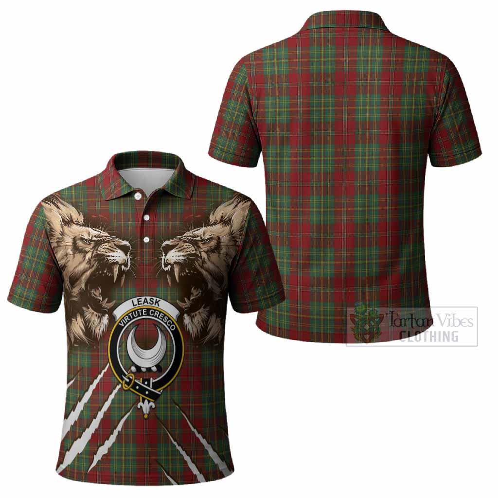 Leask Tartan Crest Polo Shirt Ferocious Lion Style