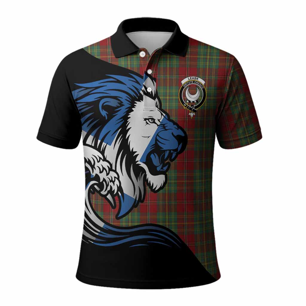 Leask Tartan Crest Polo Shirt Scottish Golden Lions Wave Flow