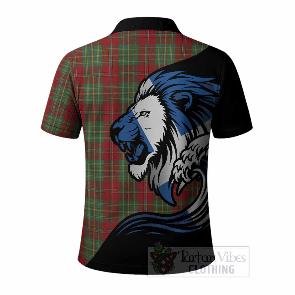 Leask Tartan Crest Polo Shirt Scottish Golden Lions Wave Flow