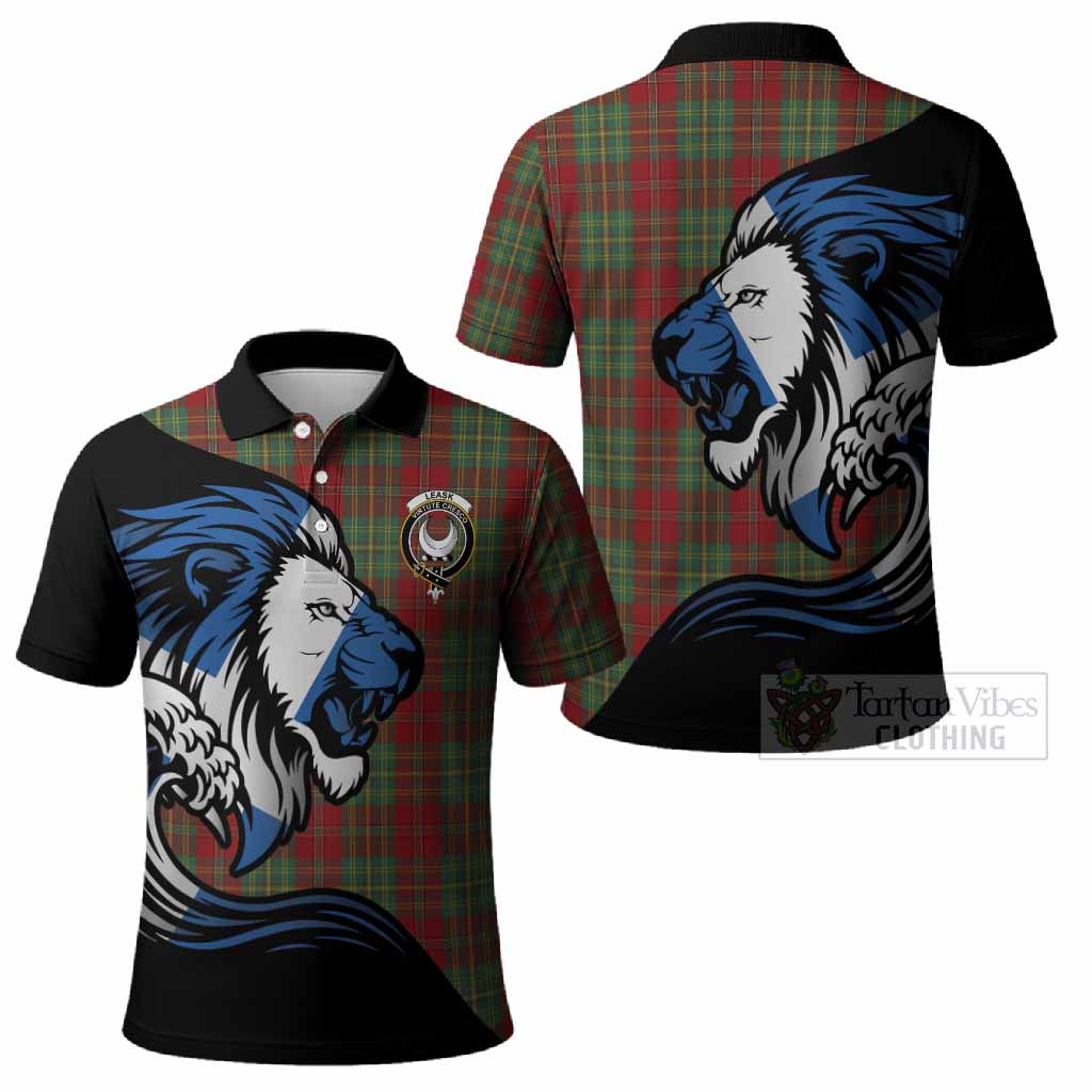 Leask Tartan Crest Polo Shirt Scottish Golden Lions Wave Flow