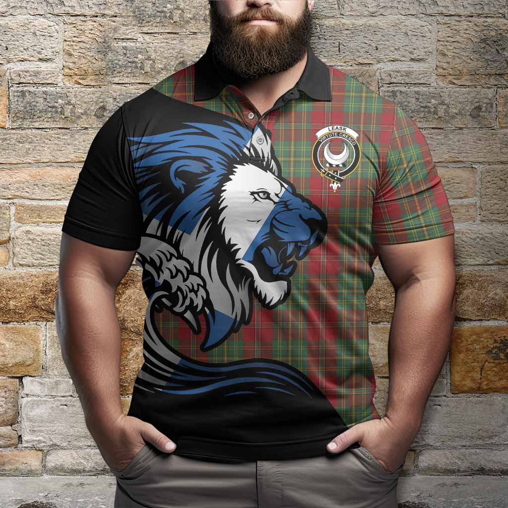 Leask Tartan Crest Polo Shirt Scottish Golden Lions Wave Flow