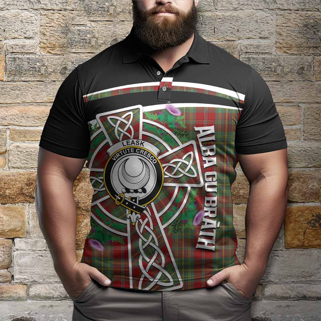 Leask Tartan Crest Polo Shirt Scottish Thistle Celtic Cross Alba Gu Brath
