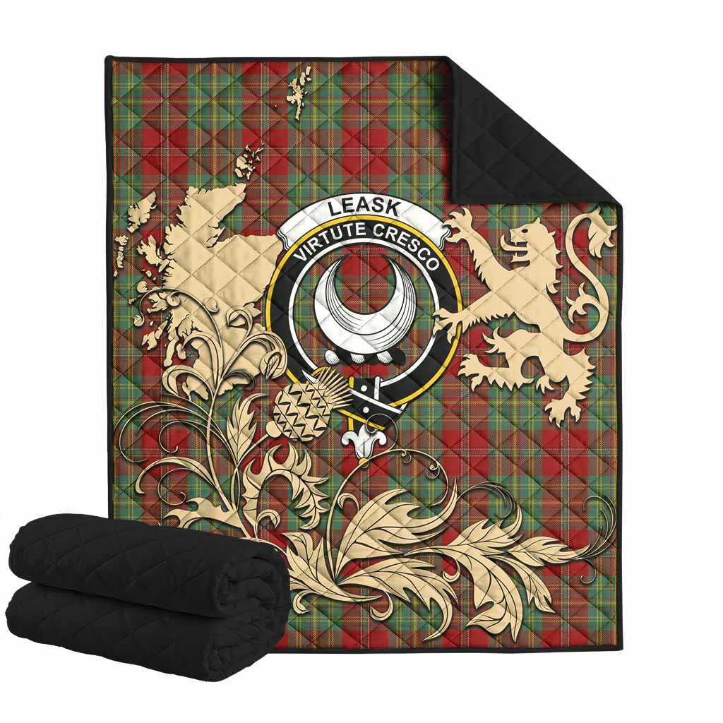 Leask Tartan Crest Premium Quilt with Scottish Iconic Symbols 