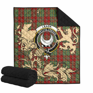 Leask Tartan Crest Premium Quilt with Scottish Iconic Symbols 