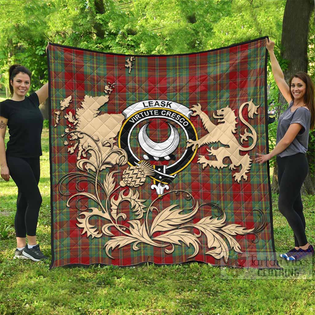 Leask Tartan Crest Premium Quilt with Scottish Iconic Symbols 
