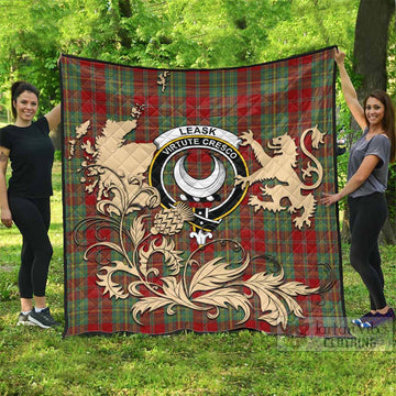 Leask Tartan Crest Premium Quilt with Scottish Iconic Symbols 