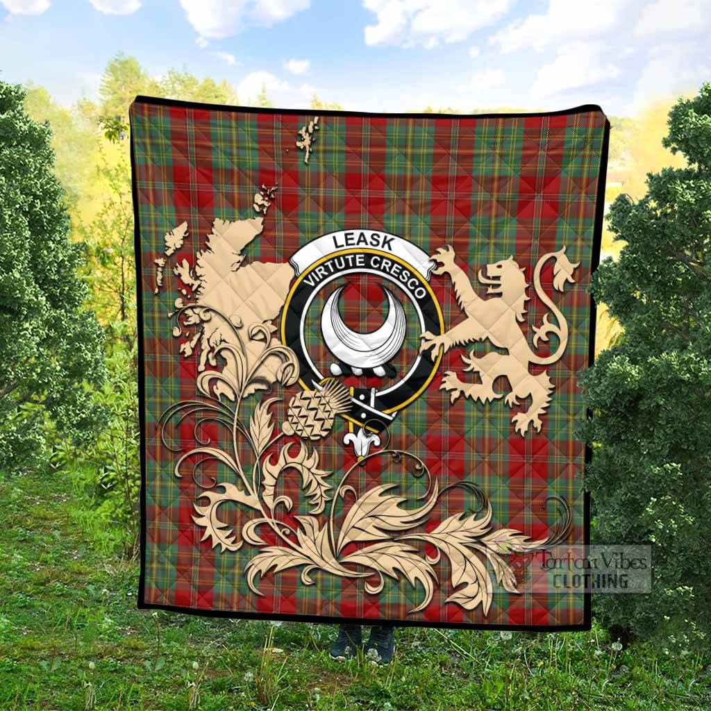 Leask Tartan Crest Premium Quilt with Scottish Iconic Symbols 