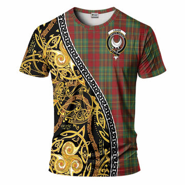 Leask Tartan Crest T-Shirt Celtic Knot and Triple Trickle Spiral Symbols