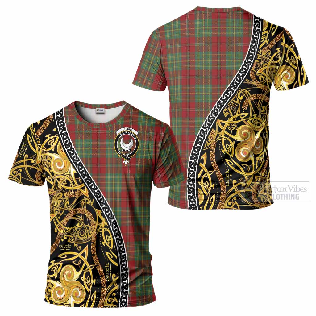 Leask Tartan Crest T-Shirt Celtic Knot and Triple Trickle Spiral Symbols