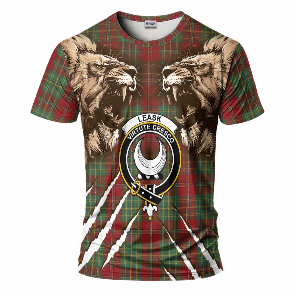 Leask Tartan Crest T-Shirt Ferocious Lion Style
