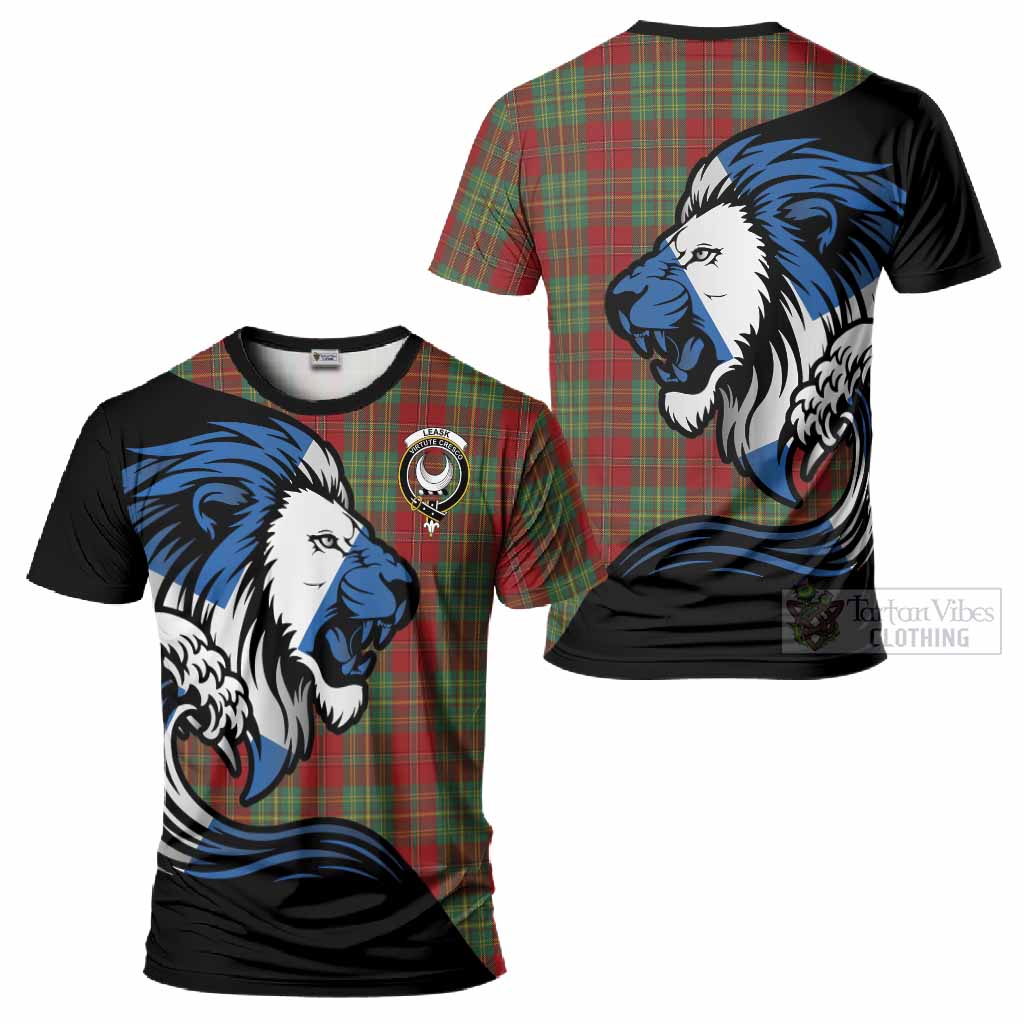 Leask Tartan Crest T-Shirt Scottish Golden Lions Wave Flow
