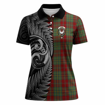 Leask Tartan Crest Women Polo Shirt With New Zealand Silver Fern Maori Koru