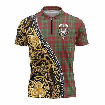 Leask Tartan Crest Zipper Polo Shirt Celtic Knot and Triple Trickle Spiral Symbols