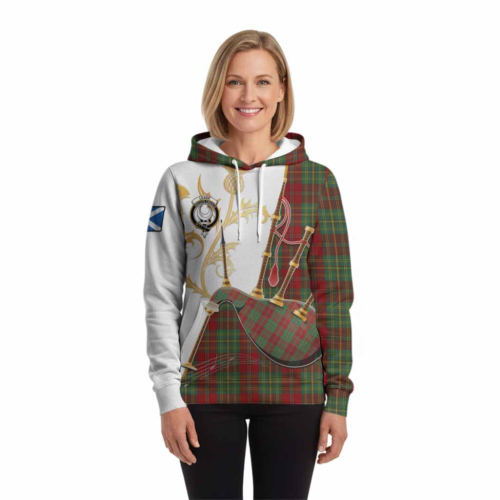 Leask Tartan Family Crest Hoodie Bagpipes with Scottish Thistle