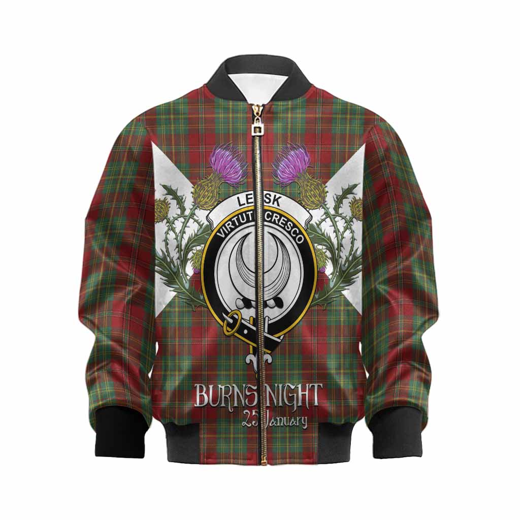 Leask Tartan Family Crest Kid Bomber Jacket Scottish Burns Night Thistle Floral