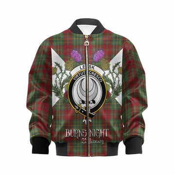 Leask Tartan Family Crest Kid Bomber Jacket Scottish Burns Night Thistle Floral