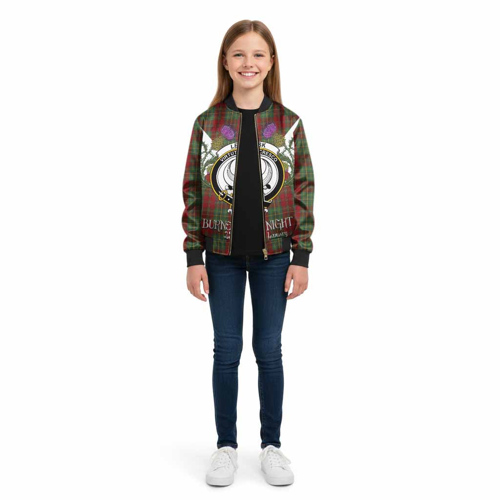 Leask Tartan Family Crest Kid Bomber Jacket Scottish Burns Night Thistle Floral