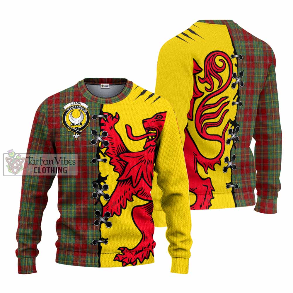 Leask Tartan Family Crest Knitted Sweater Lion Rampant Honor - Tartan Vibes Clothing