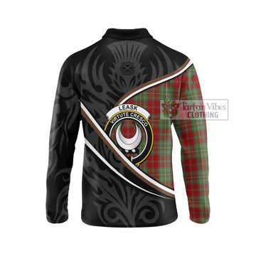 Leask Tartan Family Crest Long Sleeve Polo Shirt Celtic Scottish Thistle Floral