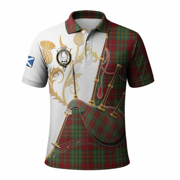 Leask Tartan Family Crest Polo Shirt Bagpipes with Scottish Thistle