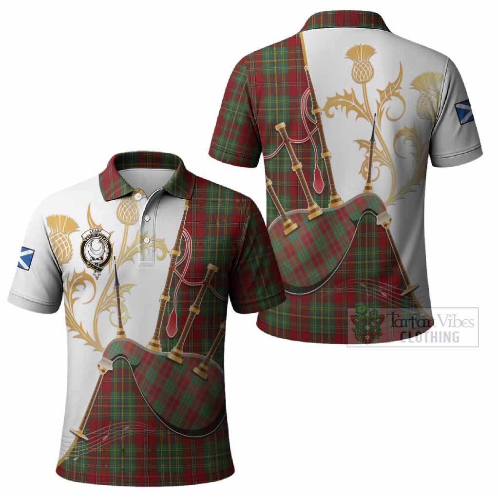 Leask Tartan Family Crest Polo Shirt Bagpipes with Scottish Thistle