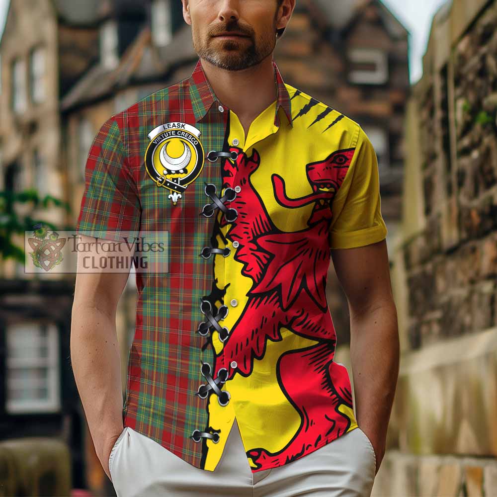 Leask Tartan Family Crest Short Sleeve Button Shirt Lion Rampant Honor - Tartan Vibes Clothing
