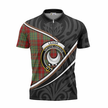 Leask Tartan Family Crest Zipper Polo Shirt Celtic Scottish Thistle Floral