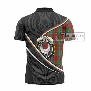 Leask Tartan Family Crest Zipper Polo Shirt Celtic Scottish Thistle Floral