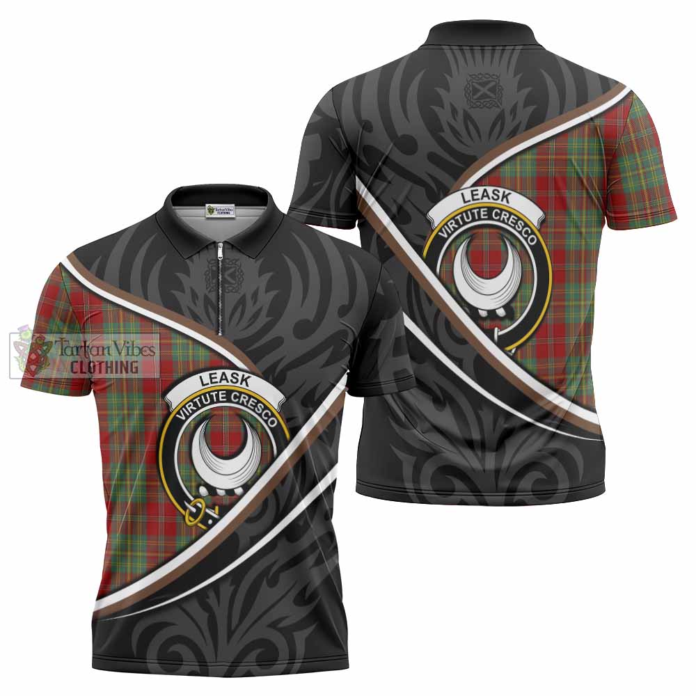 Leask Tartan Family Crest Zipper Polo Shirt Celtic Scottish Thistle Floral - Tartan Vibes Clothing