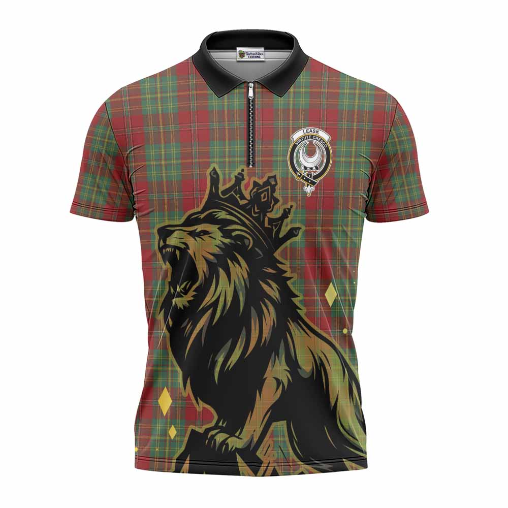 Leask Tartan Family Crest Zipper Polo Shirt Crowned Lion Roaring