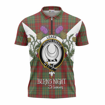 Leask Tartan Family Crest Zipper Polo Shirt Scottish Burns Night Thistle Floral