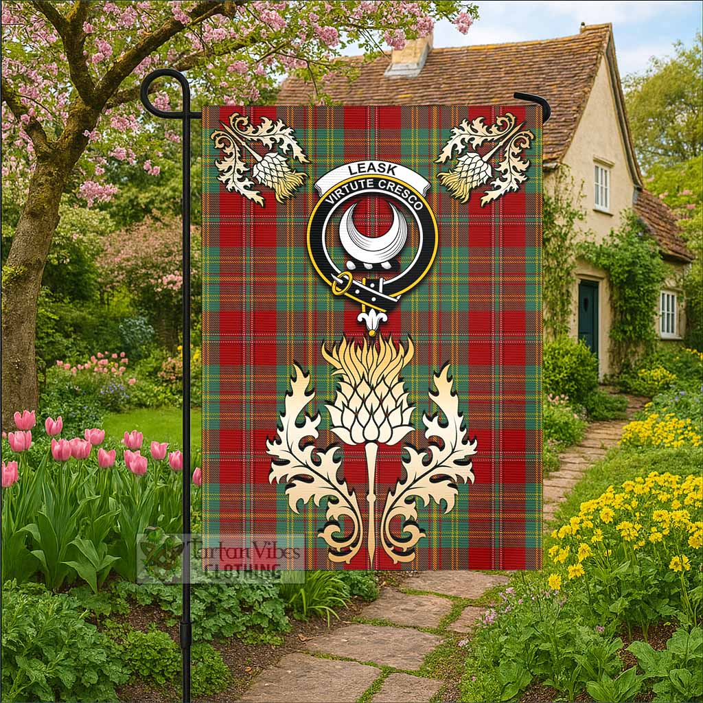 Leask Tartan Garden Flag with Golden Regal Scottish Thistle Emblem - Tartan Vibes Clothing