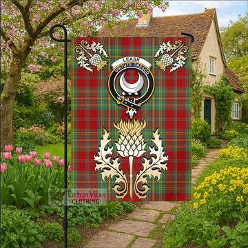 Leask Tartan Garden Flag with Golden Regal Scottish Thistle Emblem