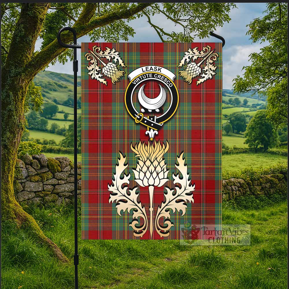 Leask Tartan Garden Flag with Golden Regal Scottish Thistle Emblem - Tartan Vibes Clothing