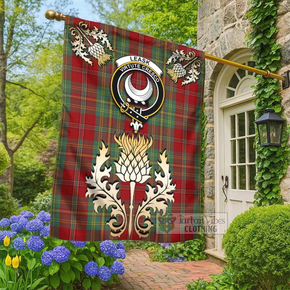 Leask Tartan Garden Flag with Golden Regal Scottish Thistle Emblem - Tartan Vibes Clothing